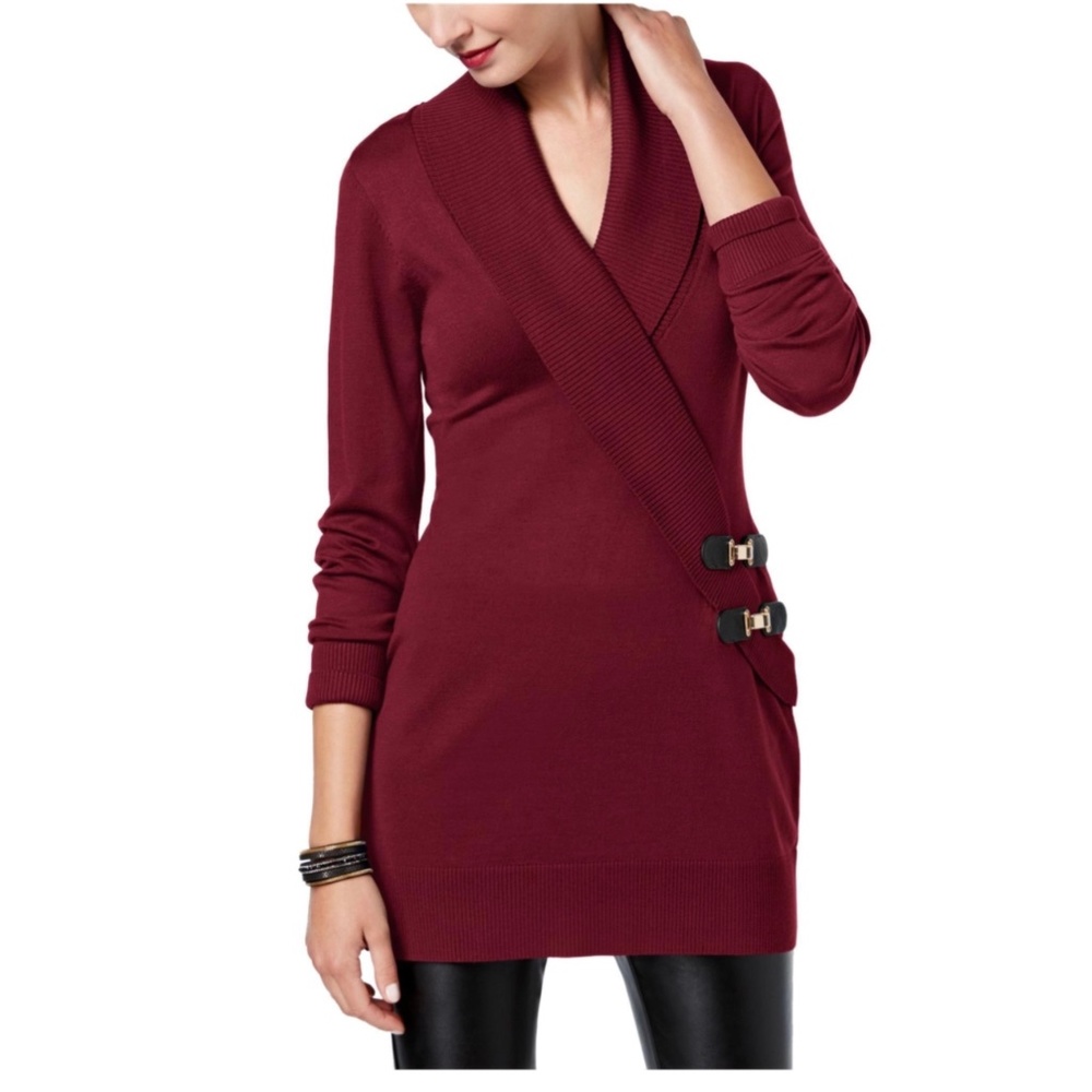 INC Maroon Burgundy wrap faux leather buckle sweater Sz S